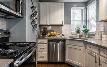 A modern kitchen with a stove, sink, and cabinets